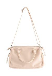 Jasnoróżowa skórzana torebka z podwójnymi uchwytami, regulowanym paskiem na ramię, zamkiem błyskawicznym oraz srebrnymi akcentami metalowymi.