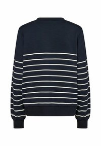 Navy sweatshirt with white horizontal stripes. Features a round neck, long sleeves, and ribbed cuffs and hem for a snug fit. Soft texture.