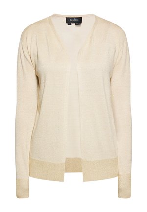 Kremfarvet cardigan med åben front, lange ærmer og let skinnende stof, mærket "usha Black Label" størrelse small.