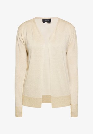 Roomkleurige open-front cardigan met lange mouwen en licht glanzende stof, gelabeld "usha Black Label" maat small.