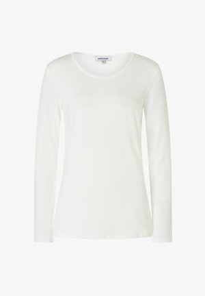 Langärmliges weißes T-Shirt aus weichem Baumwollstoff. Es hat einen runden Halsausschnitt und eine figurbetonte Silhouette mit minimalen Details.