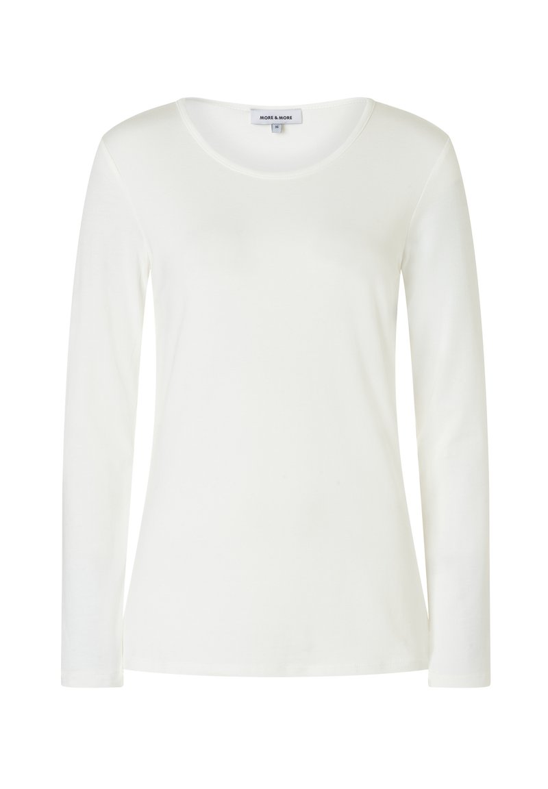 Langärmliges weißes T-Shirt aus weichem Baumwollstoff. Es hat einen runden Halsausschnitt und eine figurbetonte Silhouette mit minimalen Details.