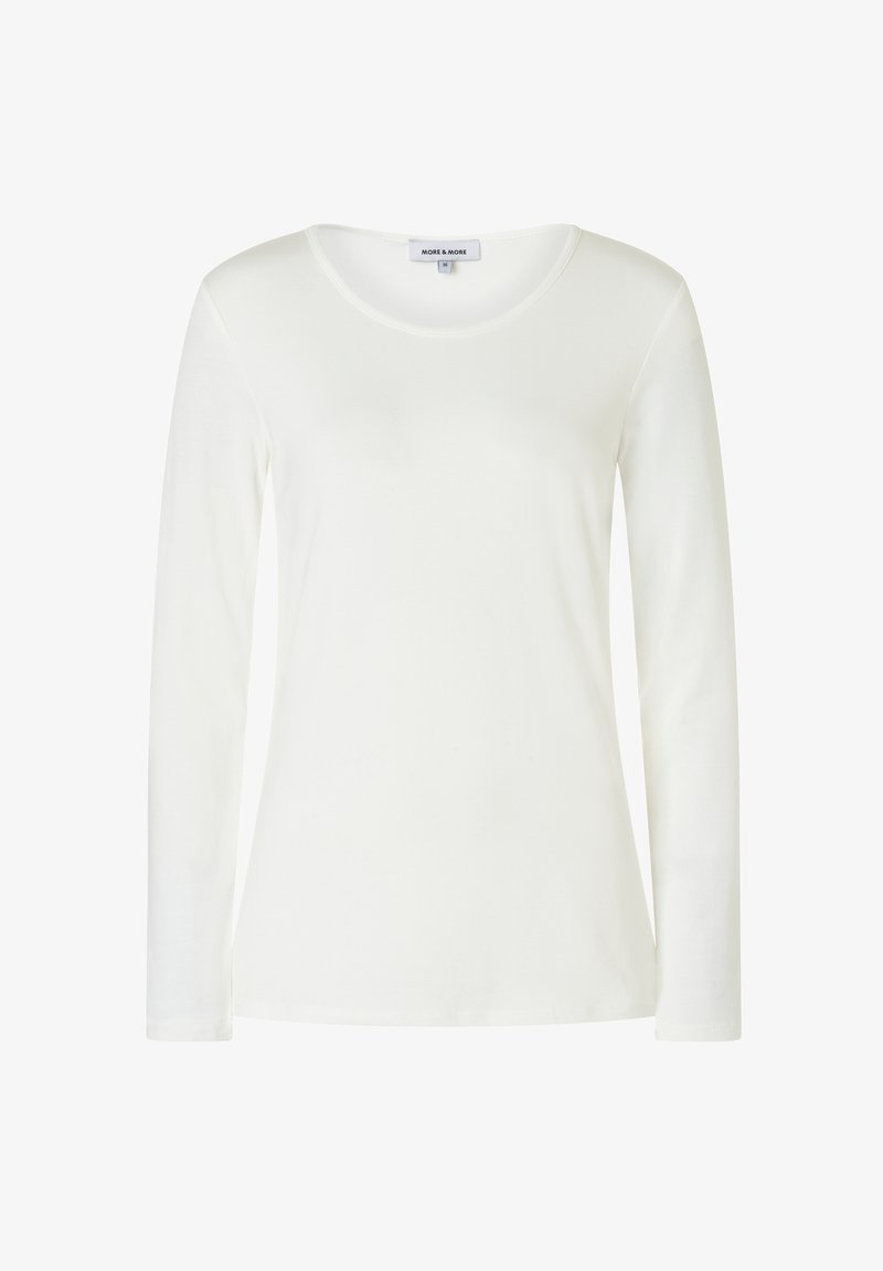 Langärmliges weißes T-Shirt aus weichem Baumwollstoff. Es hat einen runden Halsausschnitt und eine figurbetonte Silhouette mit minimalen Details.