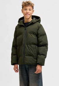 Giacca a vento verde con chiusura a zip, cappuccio e tasche laterali. Presenta un design trapuntato e una texture esterna liscia.