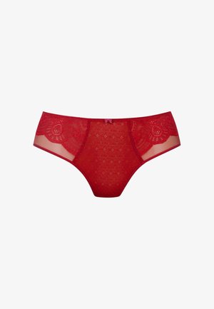 Red lace underwear featuring a geometric pattern, sheer side panels, and a decorative waistband detail. Smooth texture, classic brief cut.