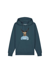 Pully-hoodie van donker teal stof met een grafisch ontwerp van een hert met takken dat een gestreept shirt draagt. Bevat een voorzak en een trekkoordkap.