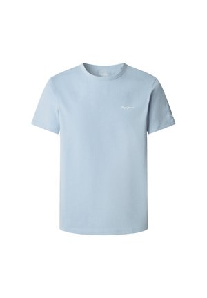Ljusblå bomulls t-shirt med rund hals, korta ärmar och en liten vit logo på vänster bröst. Slät textur och avslappnad design.
