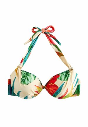 Halszíjas bikini felsőrész trópusi virágmintával, piros, zöld és kék színekben, krémszínű alapon, nyaknál megkötött masnival és párnázott kosarakkal.
