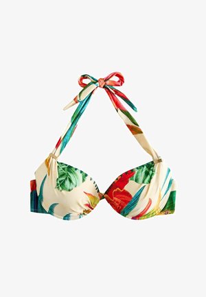 Top de costum de baie tip halter cu imprimeu floral tropical în roșu, verde și albastru pe fundal crem, cu un nod legat la gât și cupe căptușite.