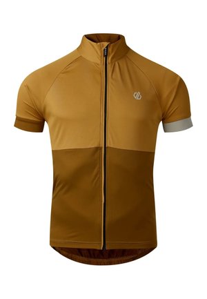 Fietstrui met korte mouwen in twee tinten bruin met een rits aan de voorkant en klein reflecterend logo op de borst.