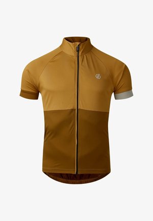 Fietstrui met korte mouwen in twee tinten bruin met een rits aan de voorkant en klein reflecterend logo op de borst.