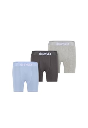 Drei Paar Herren-Boxershorts in Hellblau, Schwarz und Grau, jeweils mit einem PSD-Logo am Bund.