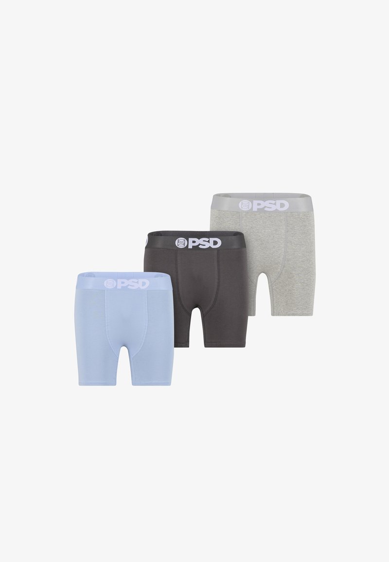 Trois paires de boxers pour hommes en bleu clair, noir et gris, chacune avec une ceinture marquée PSD.