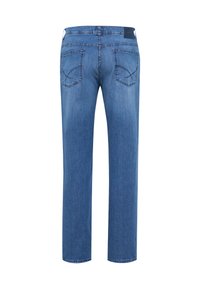 Jeans in denim blu con un design a gamba dritta, dotati di due tasche posteriori con cuciture decorative e un'etichetta in vita. Texture liscia.