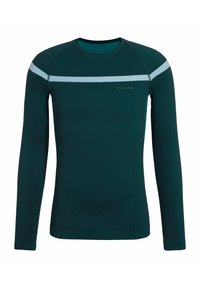 Długorękawowa koszulka sportowa w ciemnozielonym kolorze, z jasnoniebieskim poziomym paskiem, teksturowaną tkaniną i logo na klatce piersiowej.