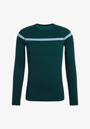 Lange mouw sportshirt in donkergroen, met een lichtblauwe horizontale streep, gestructureerde stof en logo op de borst.