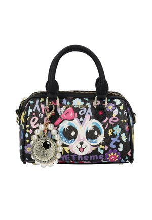 Geantă mică neagră cu față de câine desen animat colorată, modele florale și litere, mânere negre și un charm cu perle și strasuri atașat.