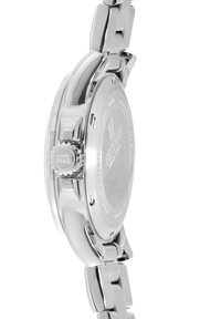 Orologio in acciaio inossidabile con finitura lucida, cassa rotonda, corona prominente e design a bracciale collegato. Presenta il retro inciso con il logo.