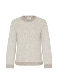 Sweter w kolorze kremowym, zrobiony na drutach, o teksturowanym prążkowanym wzorze, z okrągłym dekoltem i kontrastującym beżowym wykończeniem. Długie rękawy i luźny krój.