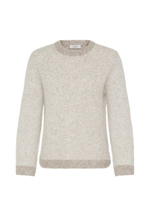 Gebreide crèmekleurige trui met een gestructureerd ribbelpatroon, ronde halslijn en contrasterende beige zoom. Lange mouwen en een relaxed fit.