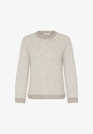 Pull en crème tricoté avec un motif côtelé texturé, encolure arrondie et ourlet beige contrastant. Manches longues et coupe décontractée.