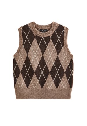 Mouwloos gebreid sweatervest met bruin en beige argyle ruitpatroon en geribde halslijn en zoom.