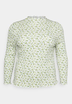 Langarmtop met een hoge gerimpelde hals, gemaakt van witte stof versierd met kleine groene en blauwe bloemenpatronen. Zacht, rekbaar materiaal.