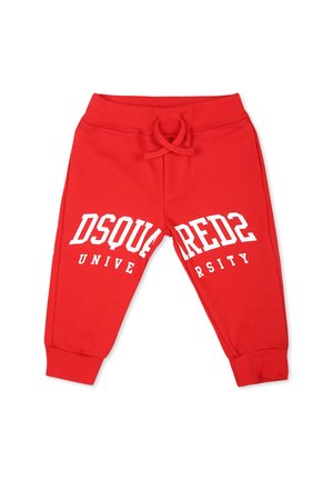 Pantalon de survêtement rouge en mélange de coton, avec un waistband à cordon de serrage. L'avant affiche un grand texte blanc : "DSQUARED2 UNIVERSITY." Poignets côtelés.