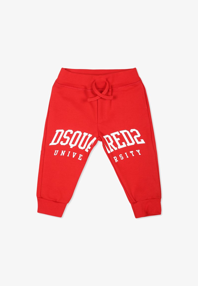 Pantalon de survêtement rouge en mélange de coton, avec un waistband à cordon de serrage. L'avant affiche un grand texte blanc : "DSQUARED2 UNIVERSITY." Poignets côtelés.