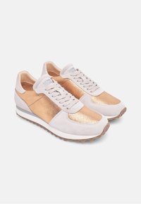 Sneaker con lacci realizzati in una combinazione di suede grigio chiaro e rete metallica rosa oro. Accenti testurizzati sulla punta e sui lati, suola in gomma marrone.