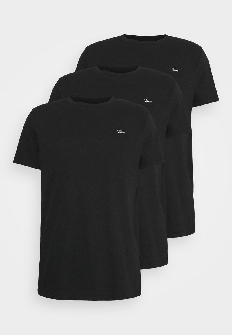 Tricouri negre din bumbac, în pachet de trei. Manșete scurte, design cu guler rotund, logo brodat în partea stângă sus. Textură netedă.