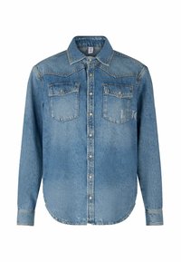 Camicia in denim azzurro chiaro con colletto classico, due tasche sul petto, chiusura con bottoni e dettagli cuciti con un leggero effetto sbiadito.