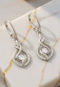 Silvriga örhängen med en tvinnad design, prydda med en central rund sten och omgiven av mindre klara stenar.