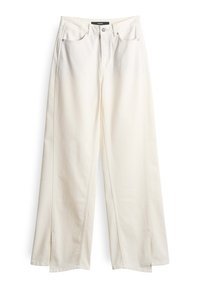 Wide-leg white denim pants with a high waist, front pockets, button closure, and subtle stitching details. Soft, textured fabric.