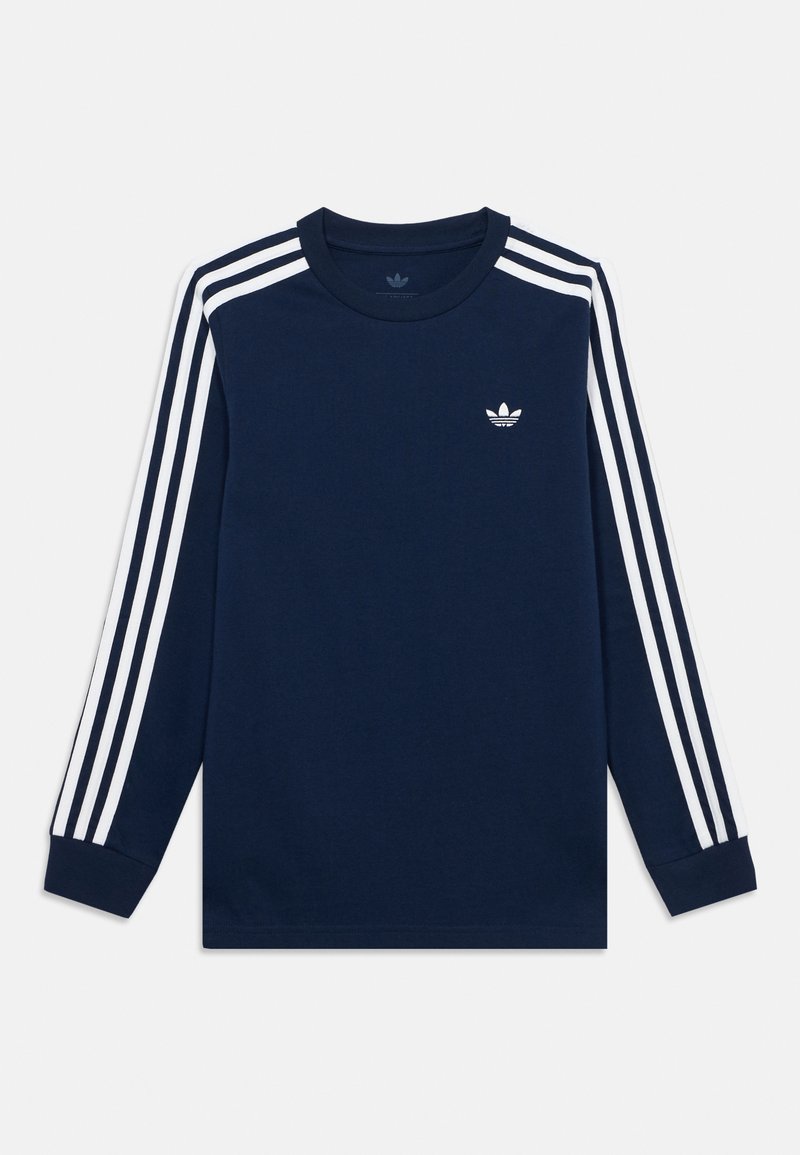 Тъмносиня дългоръкавна тениска Adidas с бели три ивици по ръкавите и малко бяло лого Trefoil на гърдите.