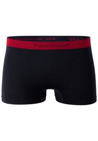 Boxer neri con elastico rosso etichettato "Vincent Creation." Realizzati in 92% poliestere e 8% elastan, con una texture liscia.