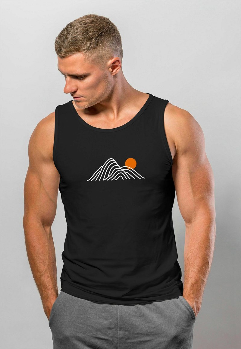 Black tank top featuring a simple white mountain line design and an orange sun graphic. Smooth fabric, sleeveless, and relaxed fit.