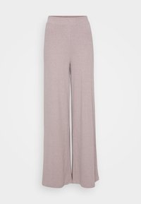 Pantalones de pierna ancha de canalé rosa claro con cintura elástica, que presentan una textura suave y una silueta fluida.
