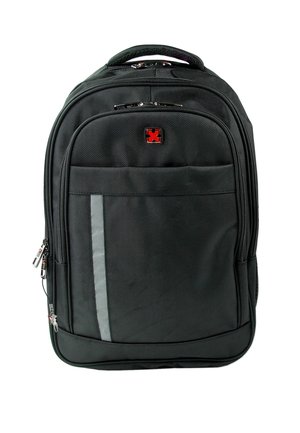 Black backpack made of textured fabric, featuring a red logo, silver zipper accents, and a reflective stripe on the front pocket.