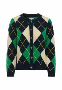 Neulottu neuletakki, jossa on tummansininen, vihreä, kerma ja keltainen argyle-kuvio. Viiden napin kiinnitys, resorit hihansuissa ja helmassa. Pehmeä pinta.