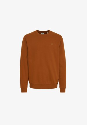 Pruun puuvillane sweatshirt, millel on ümar kaelus ja soonikkoes varrukad. Esmasekoodud disain rinnaosal.