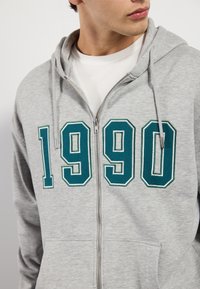 Grå zip-up hettegenser med store, broderte sjøgrønne tall "1990" på fronten, med snor i hetta og frontlommer.