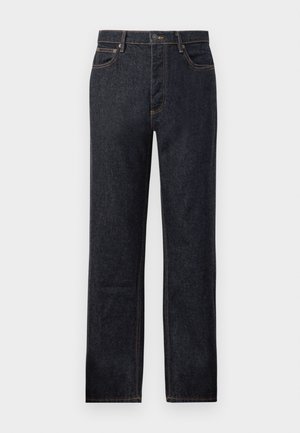 Dark denim jeans with a straight-leg cut, contrasting yellow stitching, five-pocket design, and a front button closure.