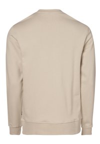 Beige pitkähihaisen pyöreäkauluksisen collegepaidan selkäpuoli, ribbaus hihansuissa ja helmassa, yksinkertainen kangas, ei näkyviä logoja.