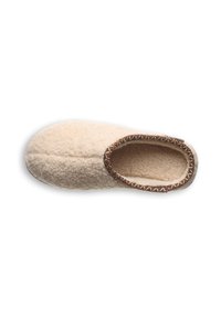 Cream-colored slipper with a soft, textured exterior, featuring a brown woven trim around the opening and a cushioned interior.
