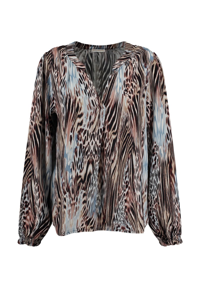 Blusa a maniche lunghe in tessuto leggero, con un motivo a stampa animale multicolore nei toni del marrone, blu e crema.