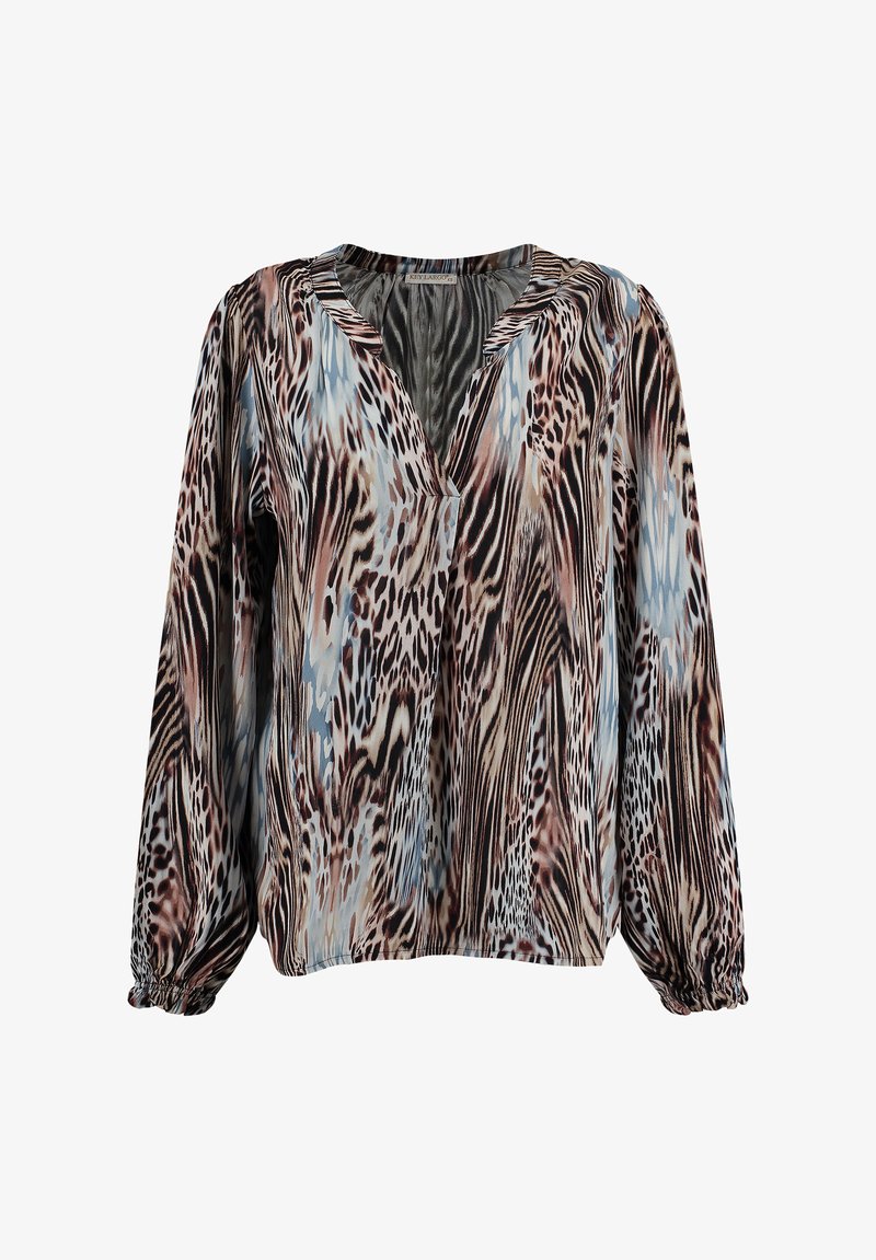Blusa a maniche lunghe in tessuto leggero, con un motivo a stampa animale multicolore nei toni del marrone, blu e crema.
