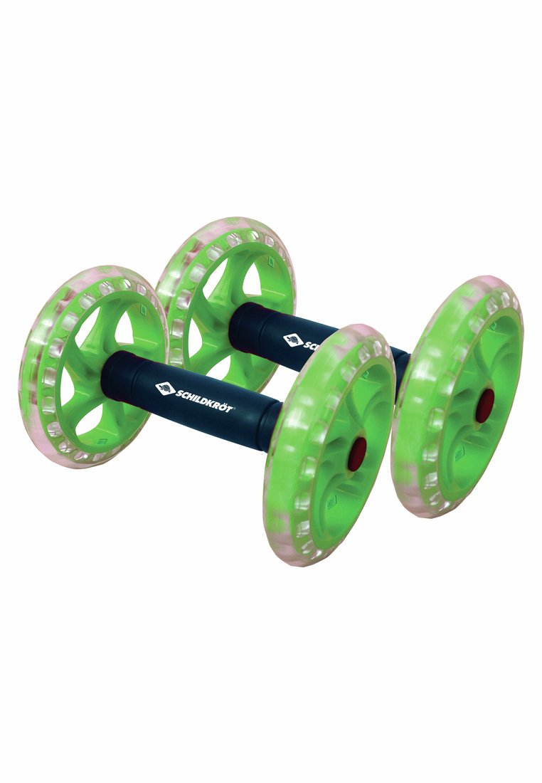 Appareil d'exercice à roulettes vert et transparent avec une poignée bleue marine. Il dispose de quatre grandes roues au design circulaire avec des accents rouges.