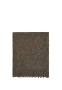 Brown woven fabric square with fringed edges, displayed flat on a white background.