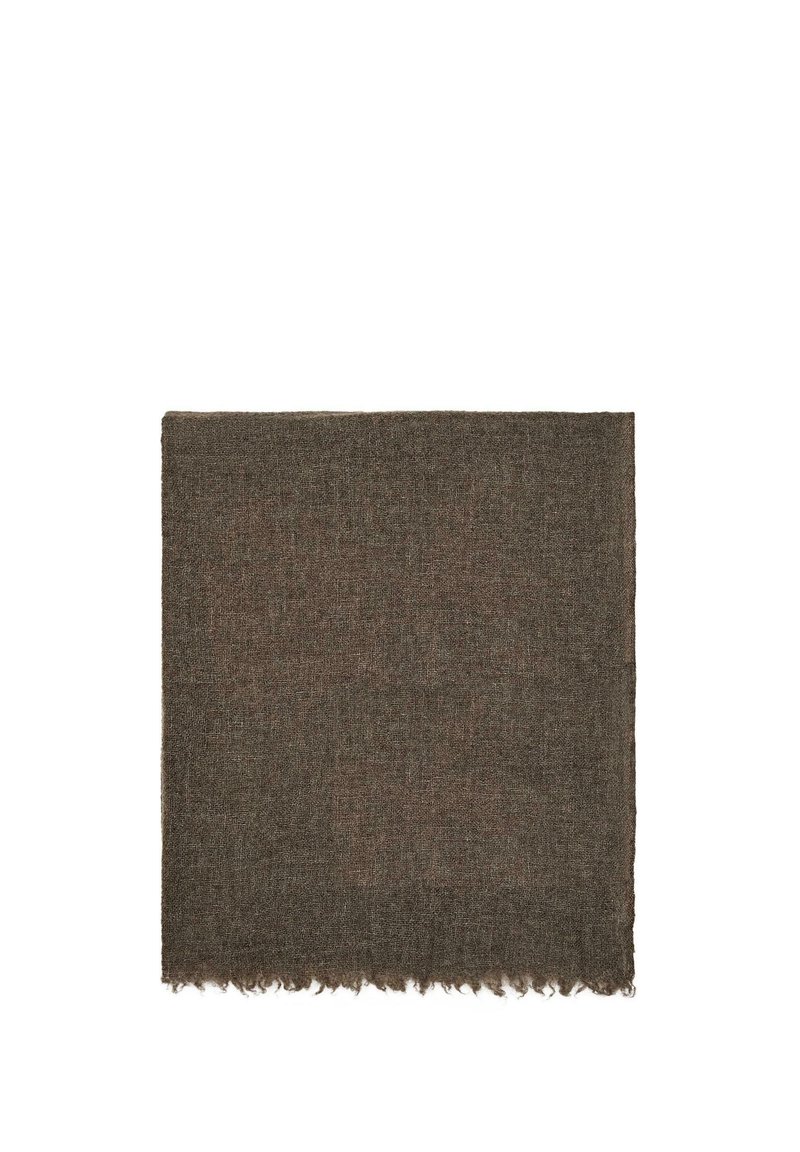 Brown woven fabric square with fringed edges, displayed flat on a white background.
